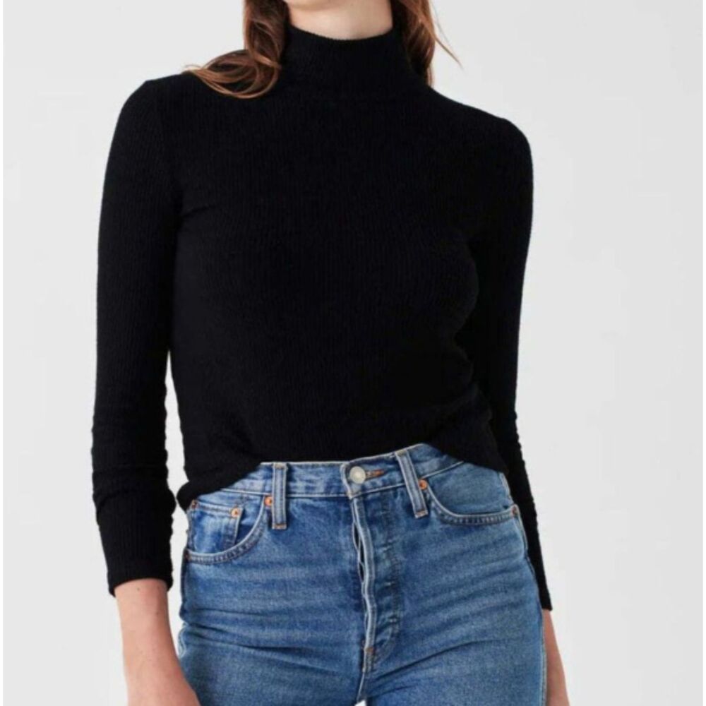Faherty Black Rib Knit Turtleneck Top Long Sleeve Fitted Minimalist Size XS
